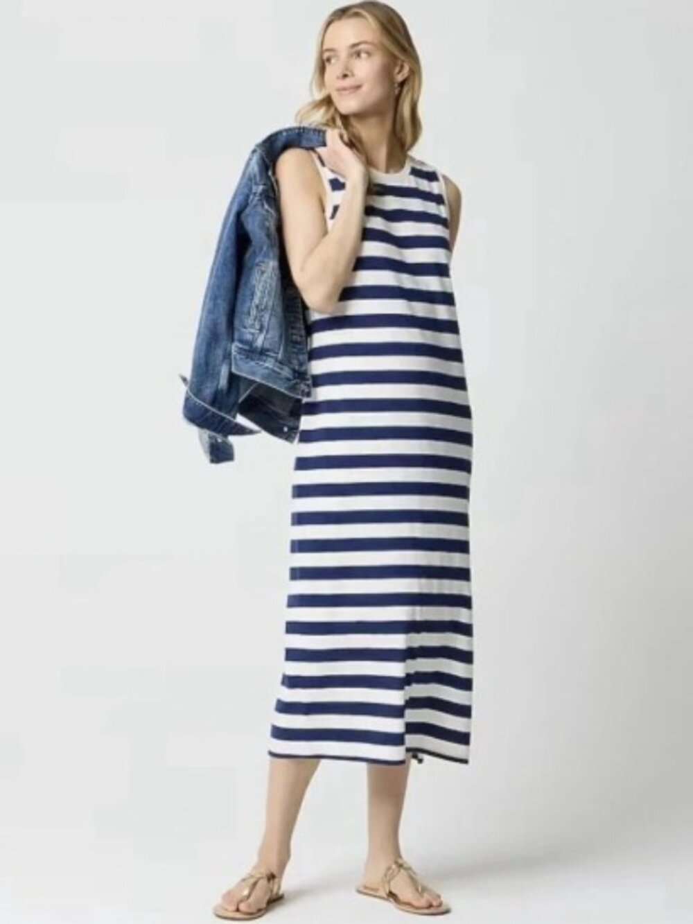 J. Crew Factory Striped Midi Dress in Navy and White Size: Large Petite